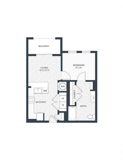 Floor plan for 1 bed, 1 bath, 634 sqft